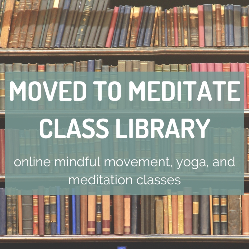 Library books in the background of the Moved To Meditate online mindful movement classes.