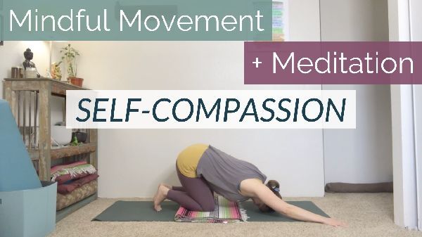 Addie practicing self-compassion in a mindful movement meditation class online.