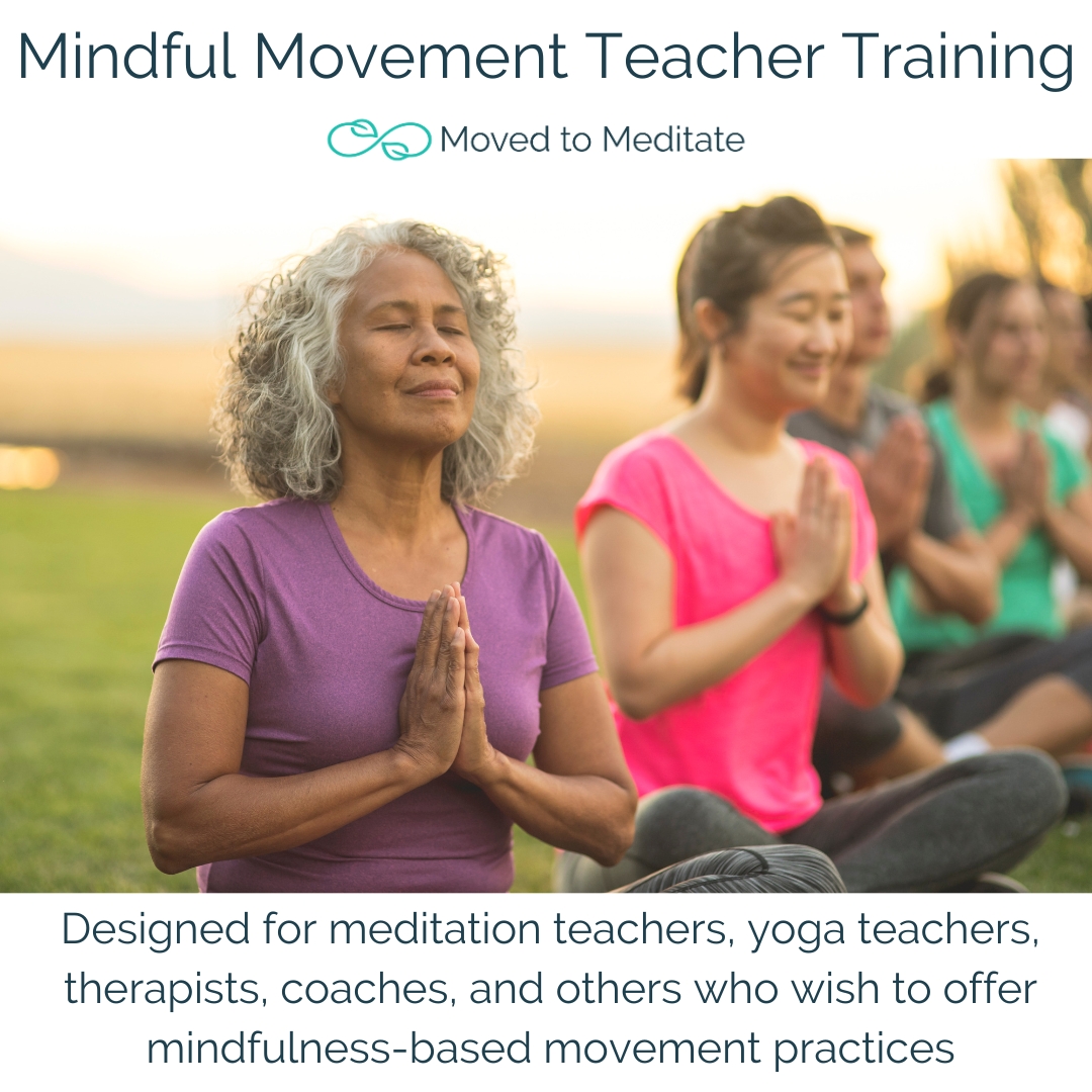 Group of people smiling and meditating, illustrating the Mindful Movement Teacher Training.