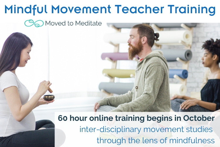 Woman guiding a mindful movement class, with students in seated meditation.