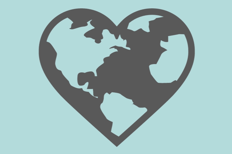A heart-shaped planet Earth, which benefits from receiving the compassion phrases in our meditation.