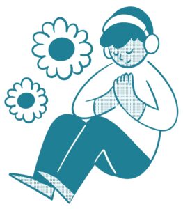 Image of a person with hands on their heart, wearing headphones, practicing meditation in a neurodiversity-affirming way.