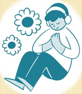 Image of a person with hands on their heart, wearing headphones, practicing meditation in a neurodiversity-affirming way.