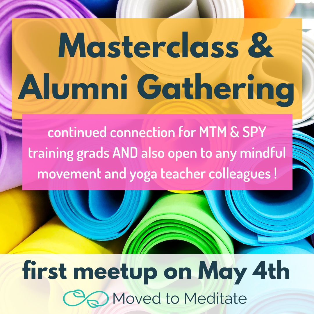 Background of colorful rolled up yoga mats and text about the mindful movement teacher masterclasses.