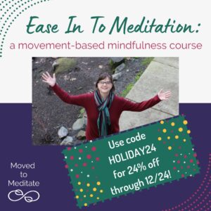 Addie deHilster standing outside with arms open, inviting you to the Ease In To Meditation course.