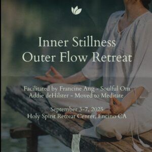 Image of a person in meditation with text about the 2025 yoga retreat with Francine Ang and Addie deHilster.