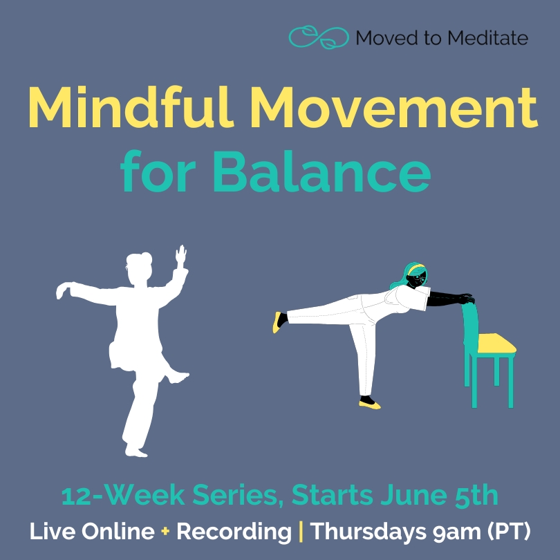 Flyer featuring two figures demonstrating mindful movement for balance.
