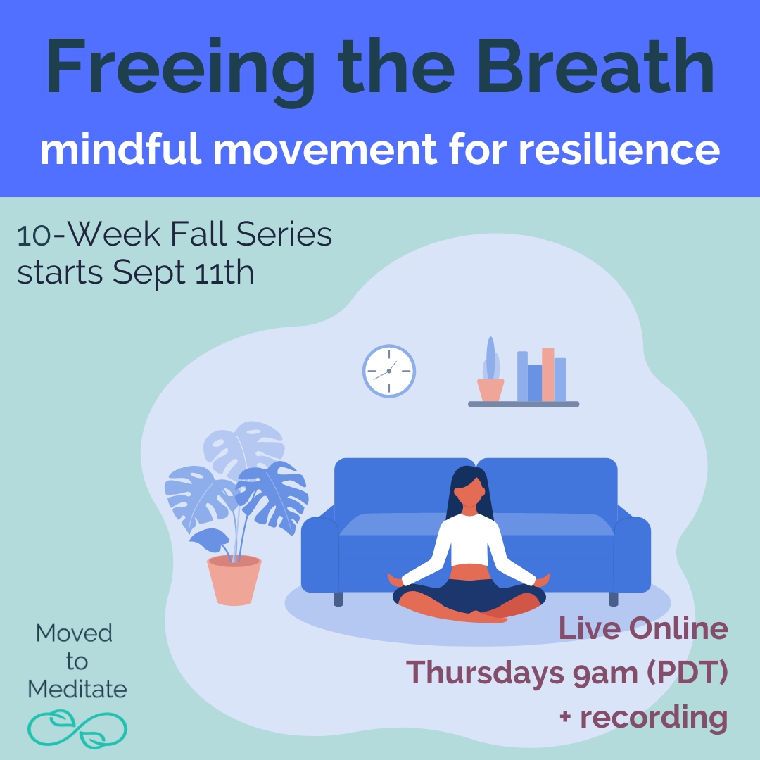 MTMLive_Fall2025_InstaFlyer Image of a person doing mindful movement at home, along with text about the class series.