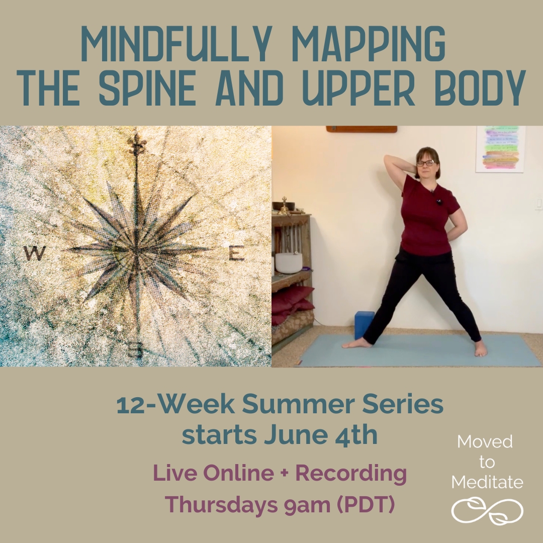 summer-2026-mindfully-mapping-spine-upperbody Image of a person doing a mindful yoga pose, along with details about the online class series.